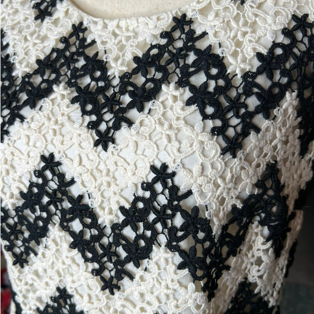 Talbots Blouse in Black and Cream Zig-Zag Crochet Lace Short Sleeve Size 6 - Picture 2 of 5